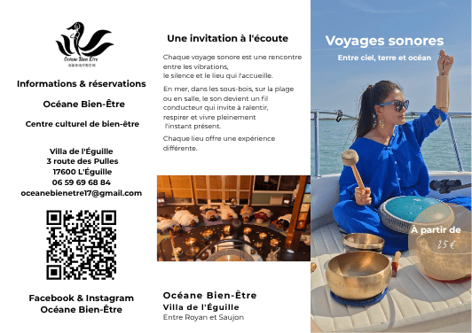 Face extérieure du dépliant trois volets Voyages sonores créé pour Océane Bien-Être